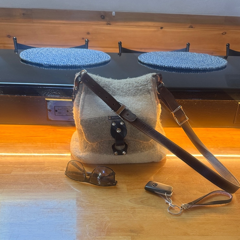 Cream Wool Felt Crossbody Bag with Dark Brown Leather Strap